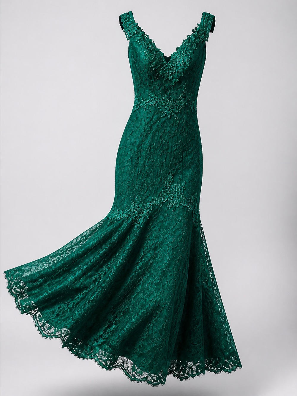 Blush Emerald Lace V-Neck Mermaid Maxi Dress